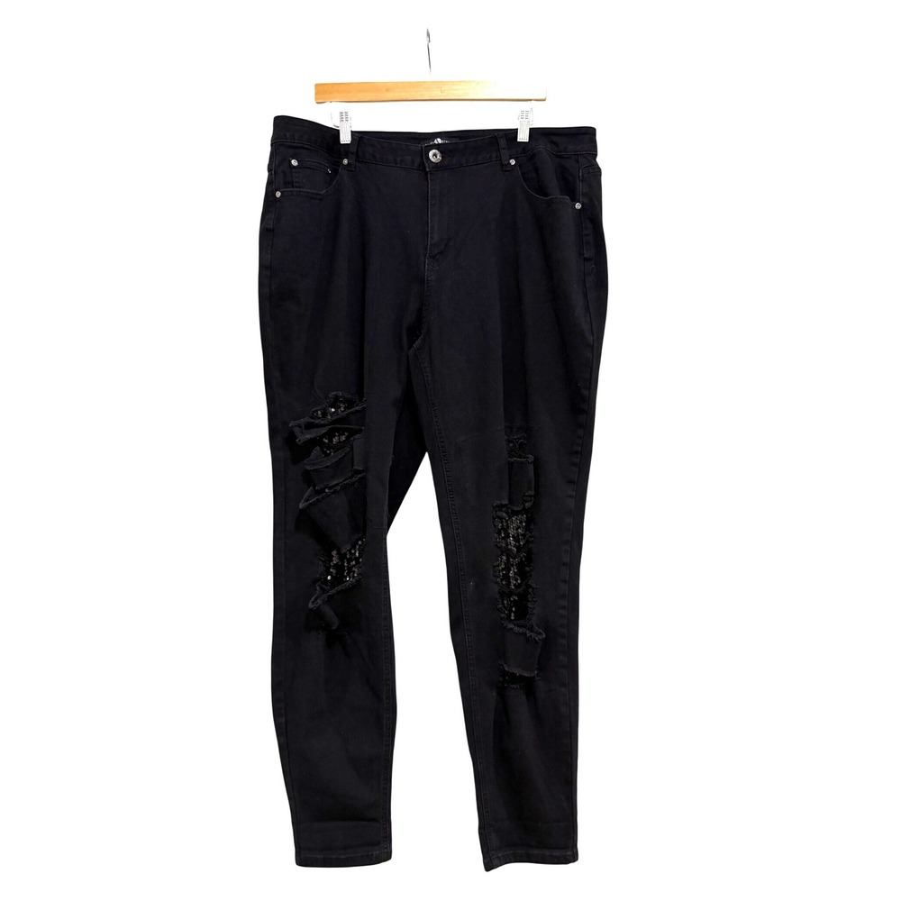 Ashley Stewart Womens Size 22 Black Distressed Sequin Skinny Jeans New With Tags